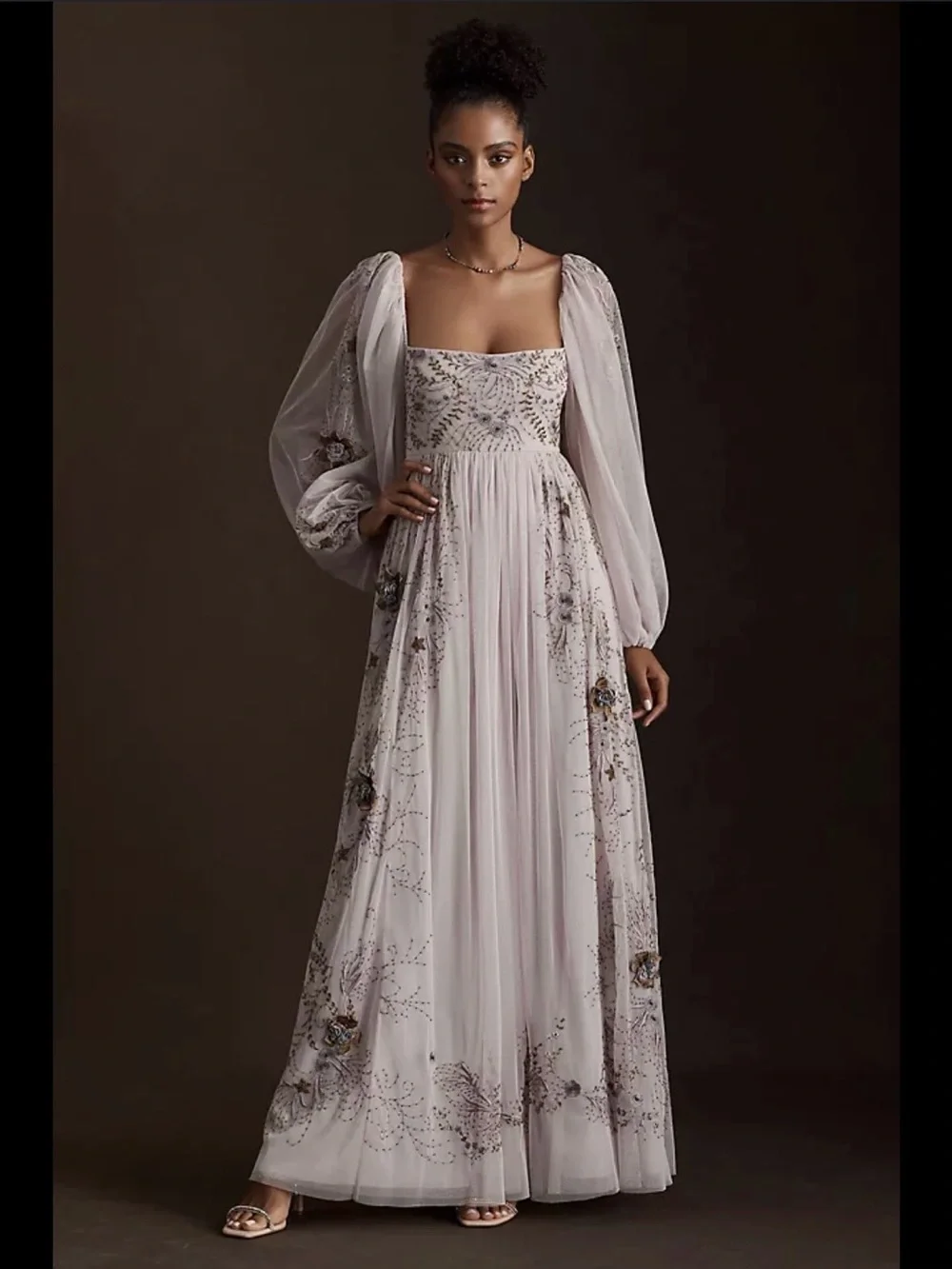 Anthropologie Dusty Rose Floral Embroidered Puff-Sleeve Gown - Picture 1 of 7